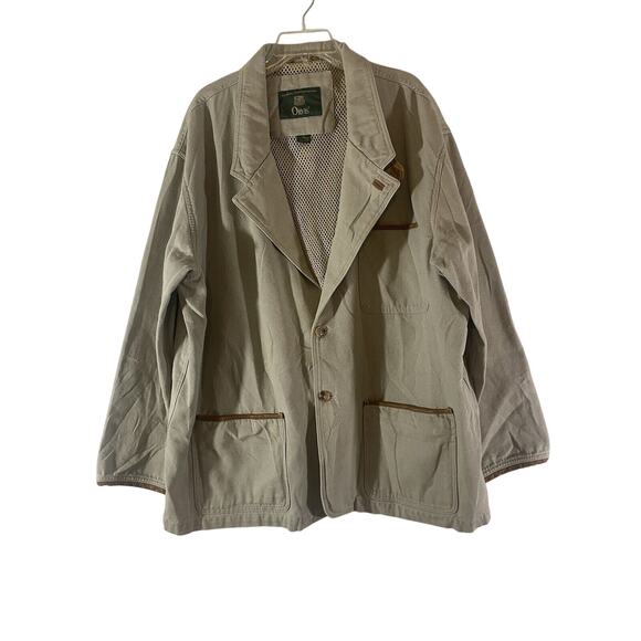 Orvis Safari Hunting Jacket Men's Leather Patched Elbow Khaki XXL Pockets =Ha